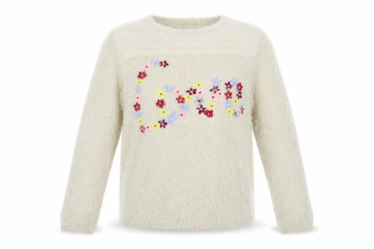 Front view of ASOS women’s beige floral knit jumper, size UK 10