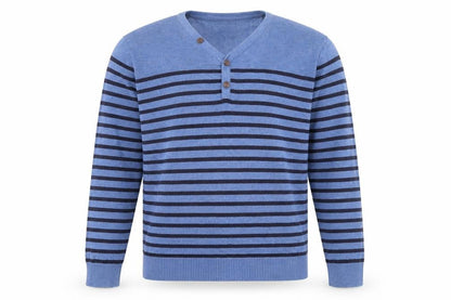 Front view of Easy men’s blue striped knit jumper, size L