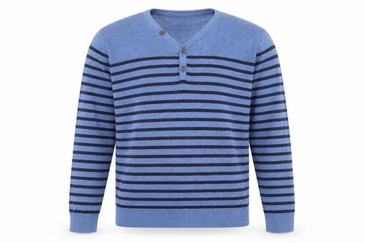 Front view of Easy men’s blue striped knit jumper, size L
