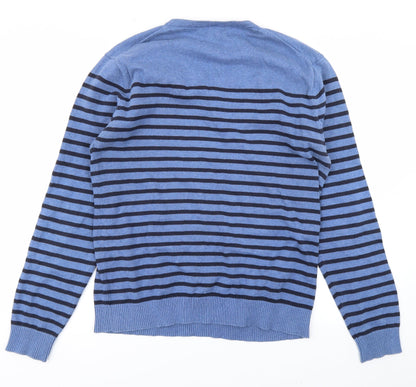 Back view of Easy men’s blue striped knit jumper, size L