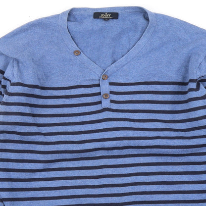 Close-up detail of Easy men’s blue striped knit jumper, size L