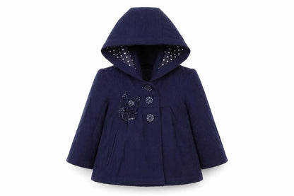 Front view of bows & arrows girls’ blue jacket coat, size 2, years