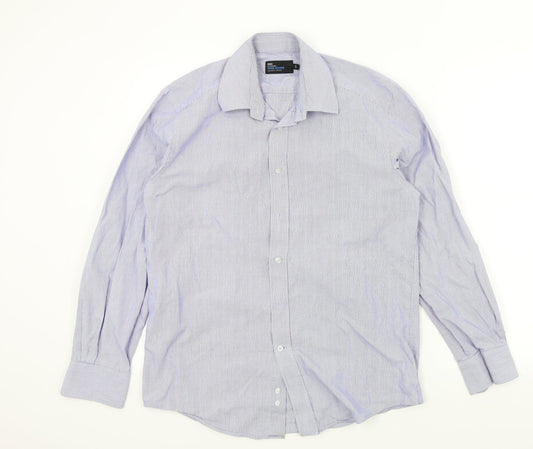 M&S Mens Blue Striped   Button-Up Size 15