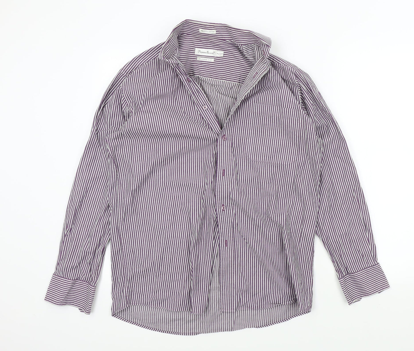 Perry Ellis Mens Purple Striped   Button-Up Size 15.5