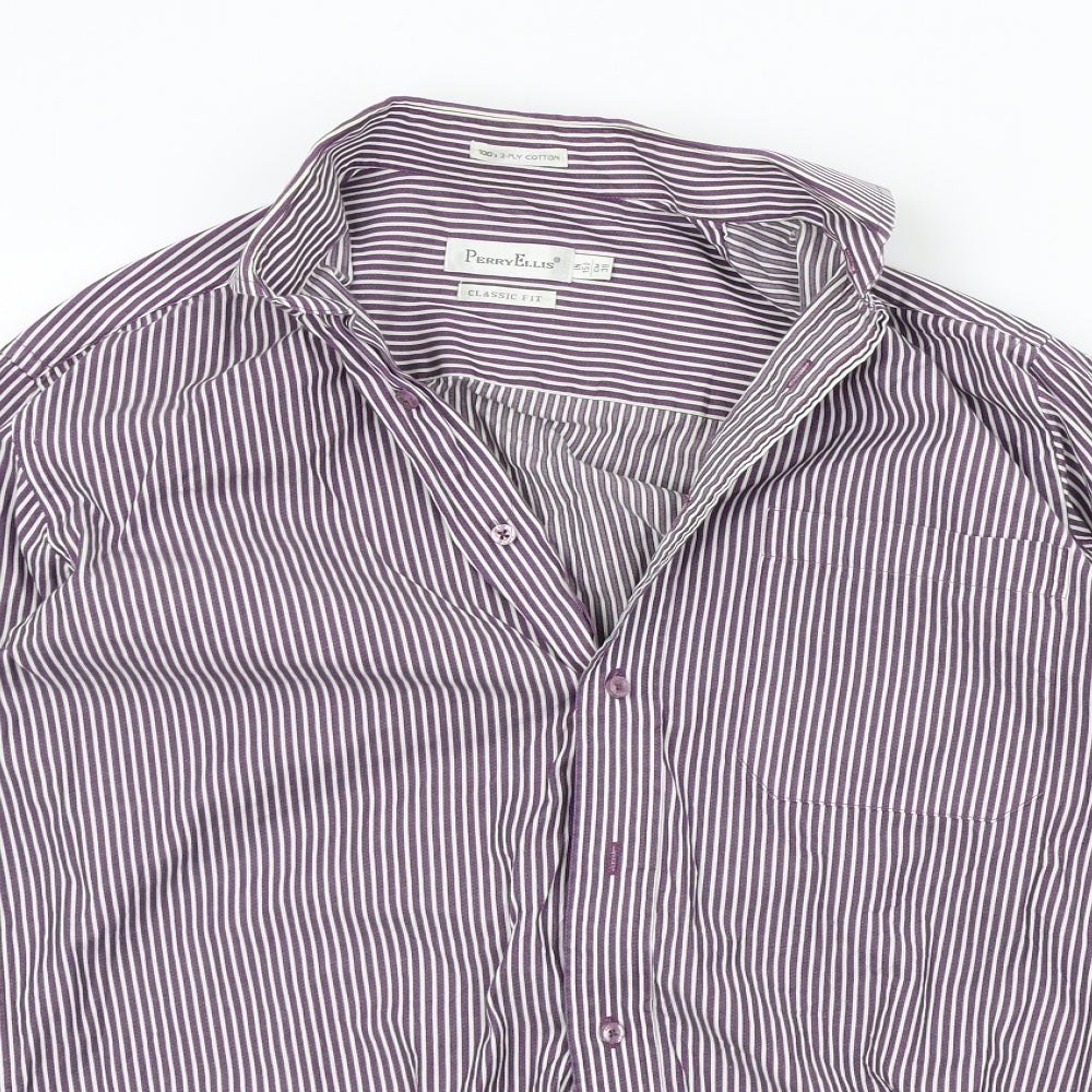 Perry Ellis Mens Purple Striped   Button-Up Size 15.5