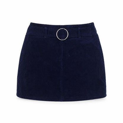 Front view of Denim & Co. girls’ blue corduroy mini skirt, size 8, years