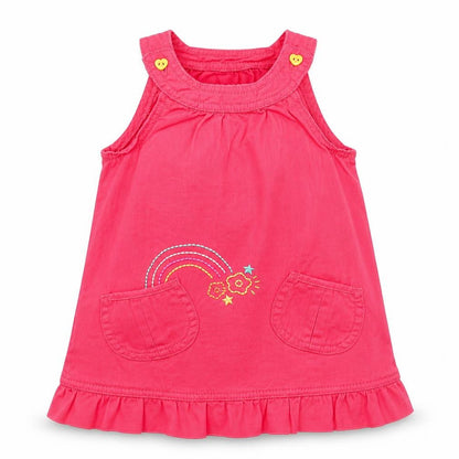 Front view of F&F girls’ pink denim shift, size 9-12, months
