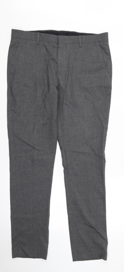 Front view of ASOS women’s grey trousers, size UK 32, 32-inch leg