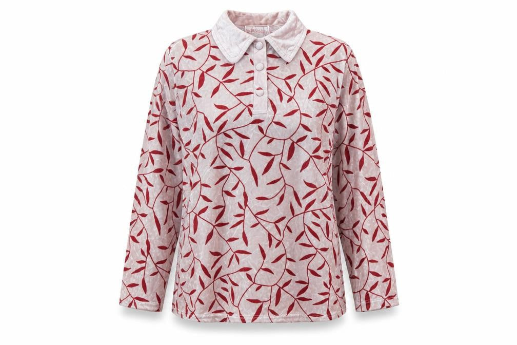 Neuville Womens Red Floral Velvet Basic Polo Size 12