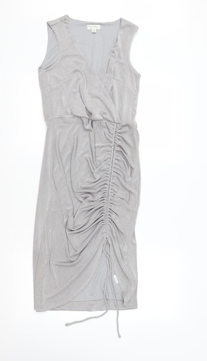 Additional front view of Miss Selfridge women’s silver bodycon, size UK 10, - gathered front