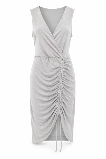 Front view of Miss Selfridge women’s silver bodycon, size UK 10, - gathered front