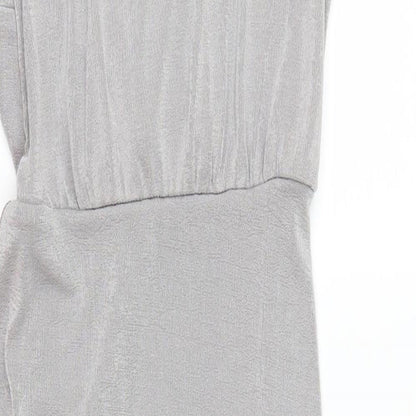 Brand and care label for Miss Selfridge women’s silver bodycon, size UK 10, - gathered front