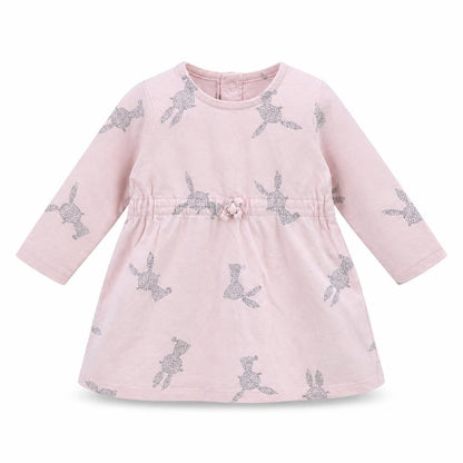 Front view of F&F girls’ pink jumper dress, size 3-6, months