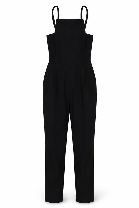 Front view of ASOS women’s black jumpsuit one-piece, size UK 8, 27-inch leg