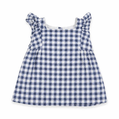 Front view of Primark girls’ blue check basic blouse, size 12-18, months - ruffle shoulders