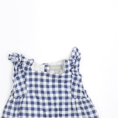 Close-up detail of Primark girls’ blue check basic blouse, size 12-18, months - ruffle shoulders