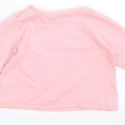Brand and care label for Dylan George girls’ pink basic t-shirt, size 6-9, months - smile