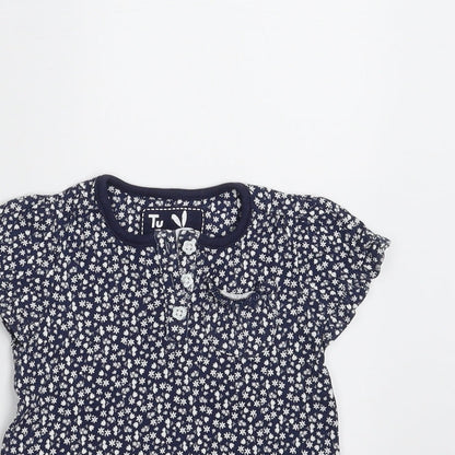 Close-up detail of TU girls’ blue floral basic t-shirt, size 6-9, months