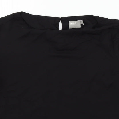 Close-up detail of ASOS women’s black basic blouse, size UK 14, - washable marks