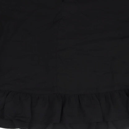 Brand and care label for ASOS women’s black basic blouse, size UK 14, - washable marks