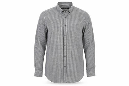 Front view of French Connection men’s black check button-up, size L