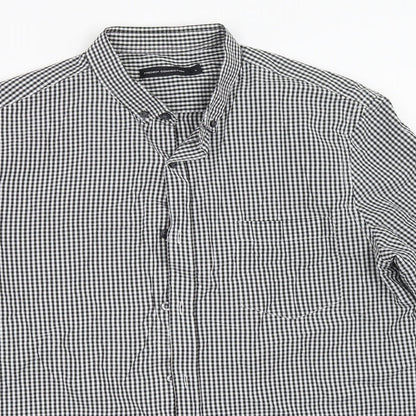 Close-up detail of French Connection men’s black check button-up, size L