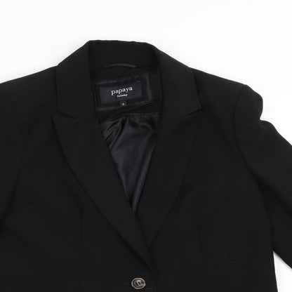 Close-up detail of Papaya women’s black jacket blazer, size UK 12