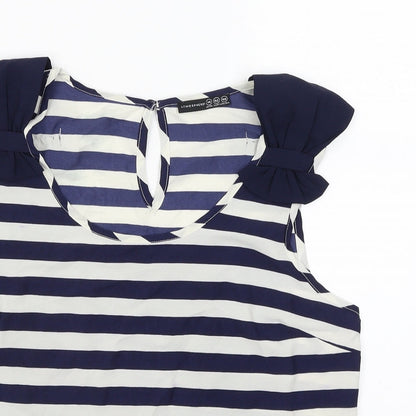 Close-up detail of Atmosphere women’s blue striped basic tank, size UK 14