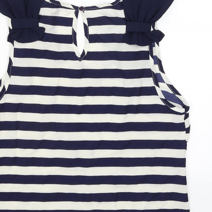 Brand and care label for Atmosphere women’s blue striped basic tank, size UK 14