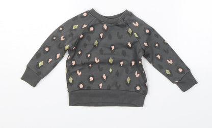 Front view of Primark girls’ grey animal print jumper, size 3-6, months