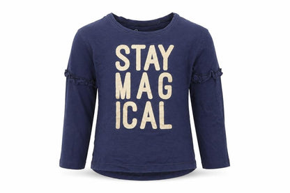 Front view of Next girls’ blue basic t-shirt, size 2-3, years - stay magical