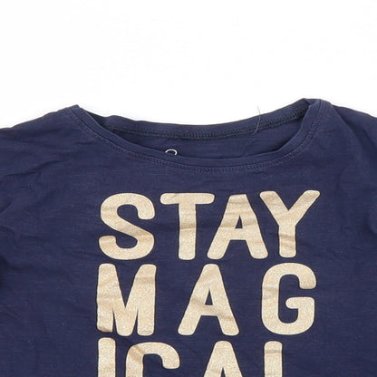 Close-up detail of Next girls’ blue basic t-shirt, size 2-3, years - stay magical