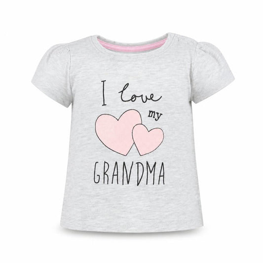 Front view of Primark girls’ grey basic t-shirt, size 3-6, months - i love my grandma