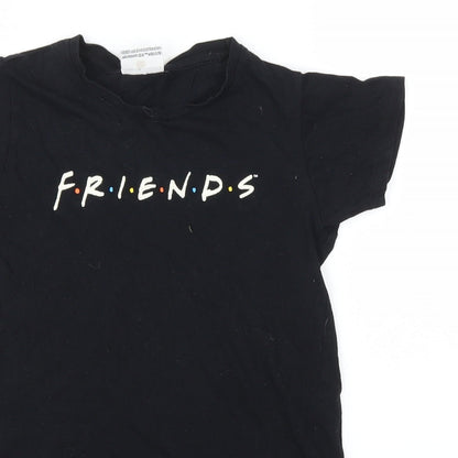 Close-up detail of FRIENDS girls’ black basic t-shirt, size 7-8, years