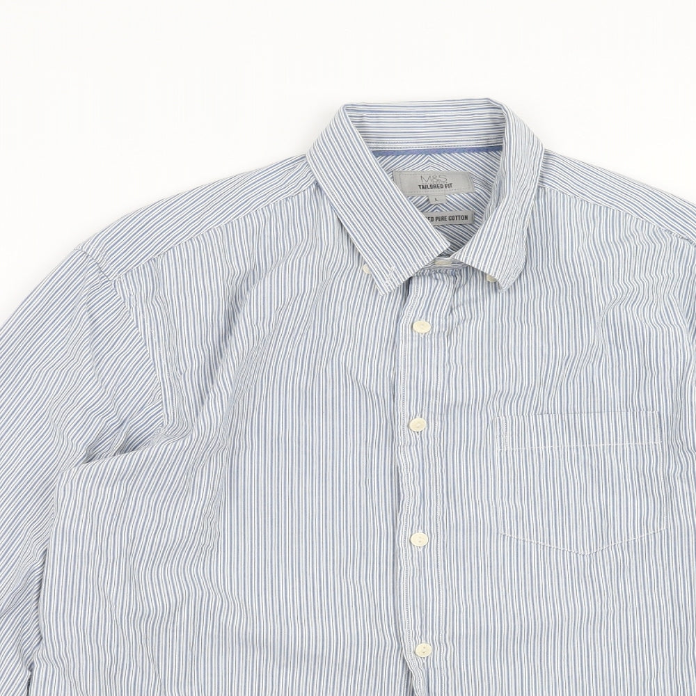 Marks and Spencer Mens Blue Striped   Button-Up Size L  - Tailored fit