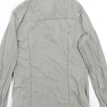 Brand and care label for Denim & Co. women’s grey basic button-up, size UK 6