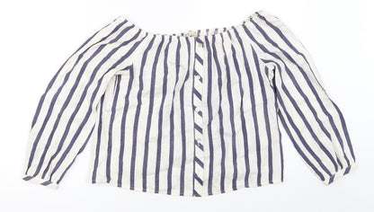 Additional front view of Miss Selfridge women’s blue striped basic blouse, size UK 10