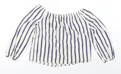 Back view of Miss Selfridge women’s blue striped basic blouse, size UK 10