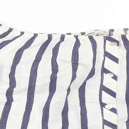 Close-up detail of Miss Selfridge women’s blue striped basic blouse, size UK 10