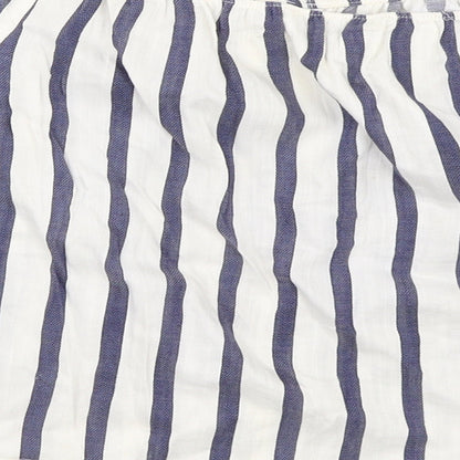 Brand and care label for Miss Selfridge women’s blue striped basic blouse, size UK 10