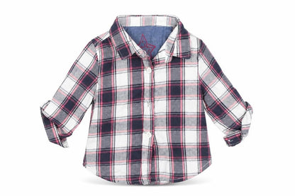 Front view of Primark girls’ grey check basic button-up, size 6-9, months