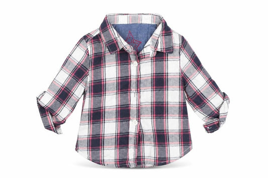 Front view of Primark girls’ grey check basic button-up, size 6-9, months