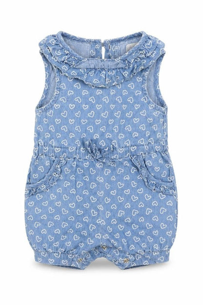 Front view of Early Days girls’ blue denim romper one-piece, size 0-3, months