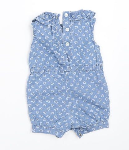 Back view of Early Days girls’ blue denim romper one-piece, size 0-3, months