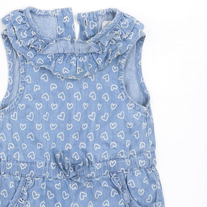 Close-up detail of Early Days girls’ blue denim romper one-piece, size 0-3, months