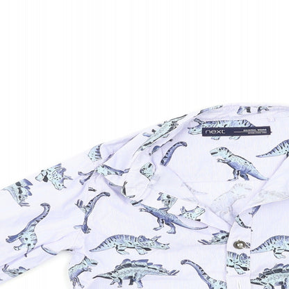 Close-up detail of Next Baby Blue Geometric Basic Button-Up, size 12, Months - Dinosaur
