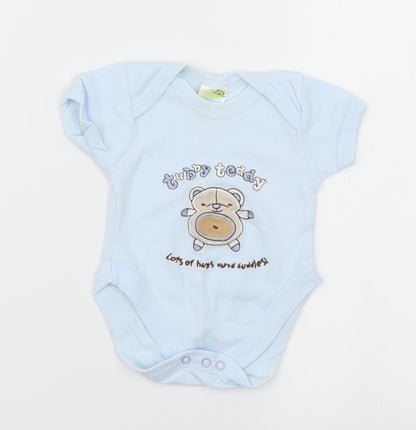 Additional front view of tubby teddy & co boys’ blue romper one-piece, size 0-3, months - bear