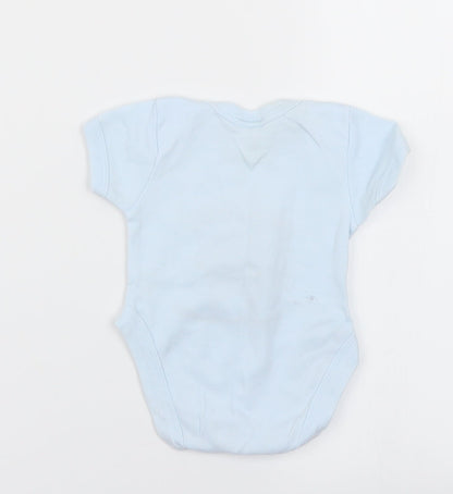 Back view of tubby teddy & co boys’ blue romper one-piece, size 0-3, months - bear