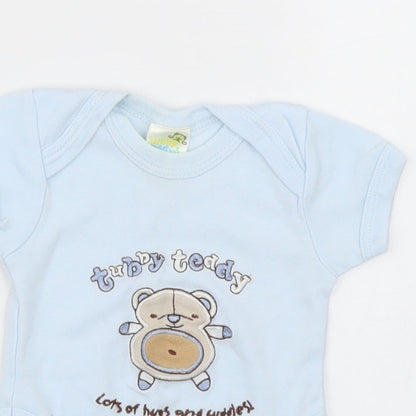 Close-up detail of tubby teddy & co boys’ blue romper one-piece, size 0-3, months - bear