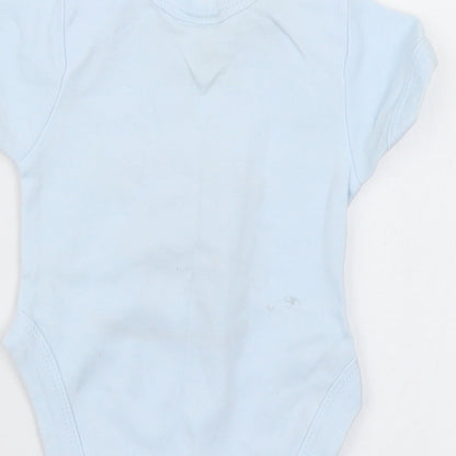 Brand and care label for tubby teddy & co boys’ blue romper one-piece, size 0-3, months - bear